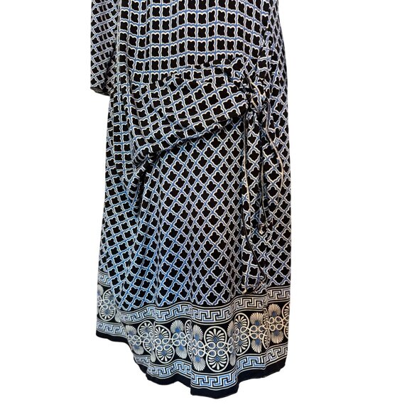 Max Studio Stretchy Mock Wrap Size Large Print Dress 3/4 Sleeve Blue Scoop Neck - Picture 3 of 8